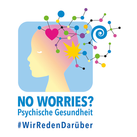 Logo: No Worries? Psychische gesundheit - Wir reden drüver. Ein stilisierter Kopf, mit einem Verlauf von gelb nach rosa, auf einem blauen Hintergrund, am Hinterkopf, über den blauen Hintergrund hinausgehend: ein Gewirr aus bunten Punkten und Symbolen, die mit Strichen verbunden sind. Unter dem Kopf und Hintergrund steht der Titel
