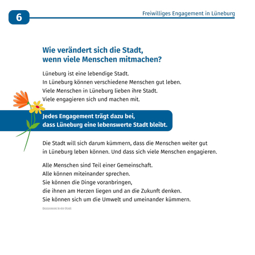 Seite mit einer Illustratioen von einem Baum, unter dem Baum stehen eine Reihe von diversen Menschen aus der Broschüre: Lüneburger Engagement Plan in einfacher Sprache