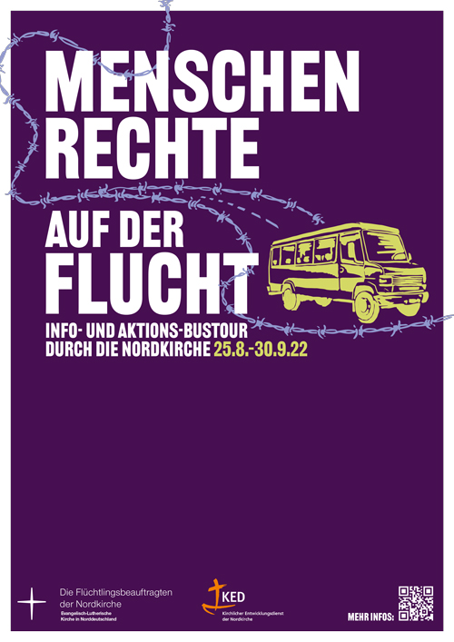 Plakat:lila - ein Schablonenhafter Bus fährt durch Stacheldarht, links daneben steht in weißer Schrift: Menschenrechte auf der Flucht