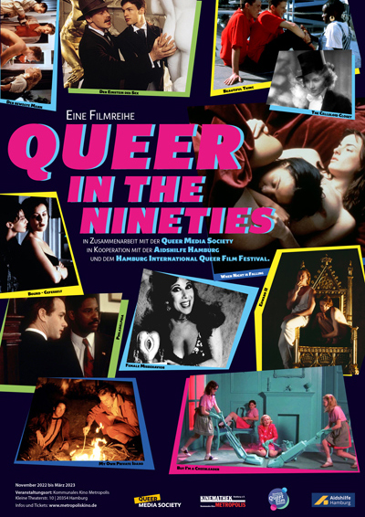 Plakat für eine Filmreihe: Queer in the 90ths - dunkler Hintergrund, bunte Filmbilder, bunte Kästen hinter den Bildern - in pinker Schrift: Queer in the 90ths