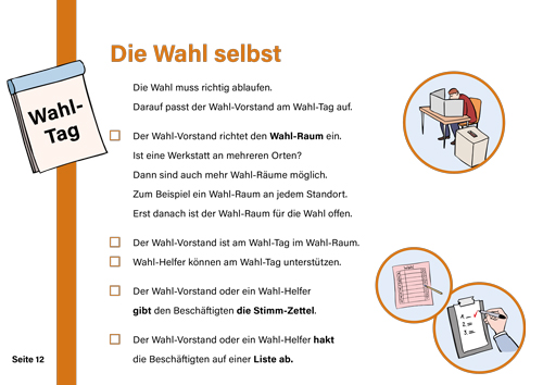 Titelbild Checkliste zur Wahl von Werkstatträten in Leichter Sprache: Überschrift: die Wahl selbst