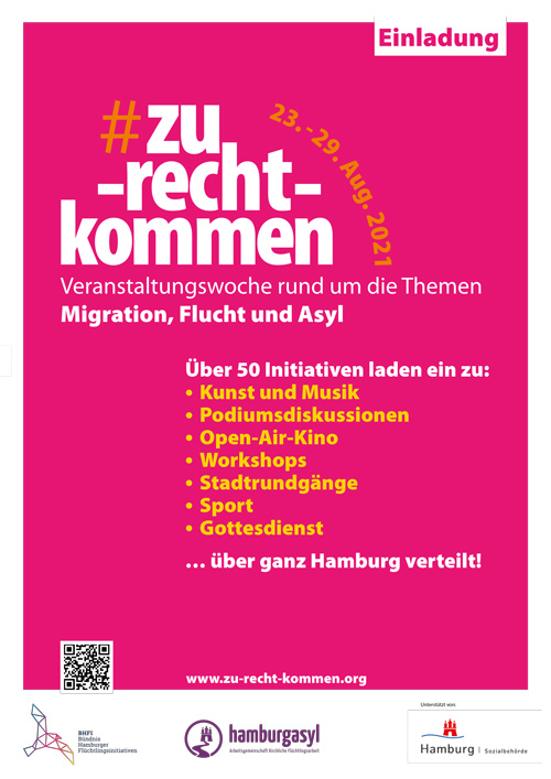 Plakat - Hintergrund pink: darauf in weißer Schrift_ zu-recht-kommen, in einem gelben bogen darüber das Datum, in gelber Schrift seitlich rechts die unterschiedlichen Programmpunkte